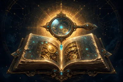 Clonedeps skill artifact: an ornate magnifying lens over an ancient tome revealing glowing clockwork mechanisms inside