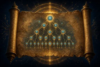 Codemap skill artifact: a golden scroll-map with a glowing constellation of directory nodes connected by circuit-trace paths
