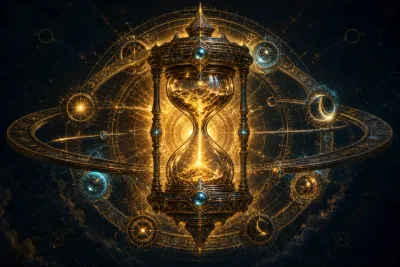 Deepwork skill artifact: an ornate arcane hourglass with molten golden sand, ringed by orbiting runic phase markers
