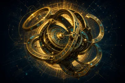 Oh My Opencode Slim skill artifact: a golden astrolabe with adjustable rings caught mid-motion, reconfiguring itself