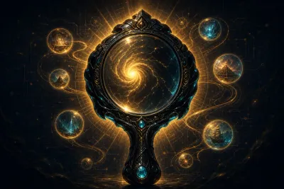 Reflect skill artifact: an obsidian hand mirror reflecting a golden spiral, orbited by glowing memory orbs