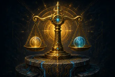 Verification Planning skill artifact: a golden balance scale weighing two glowing runic evidence orbs on a circuit-etched pedestal