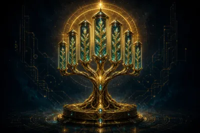 Worktrees skill artifact: a golden tree whose branches grow in parallel protective crystal channels