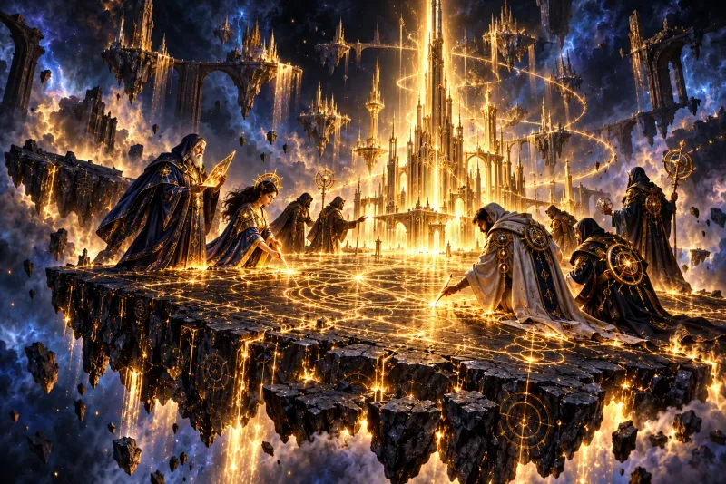 Robed Wrights carve glowing golden runes into a floating slab of black stone as the first spire of a city rises from the void