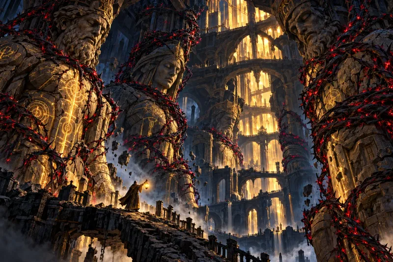 Black thorned vines veined with red fire coil around the petrified Wrights in the foundations as a lone Architect raises a lantern