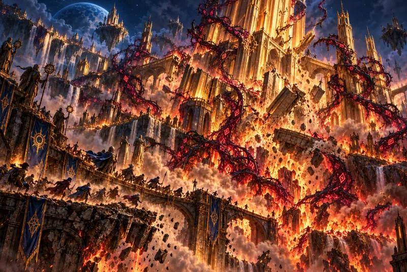 The golden Monolith collapses at night as black thorned vines veined with fire burst through its foundations