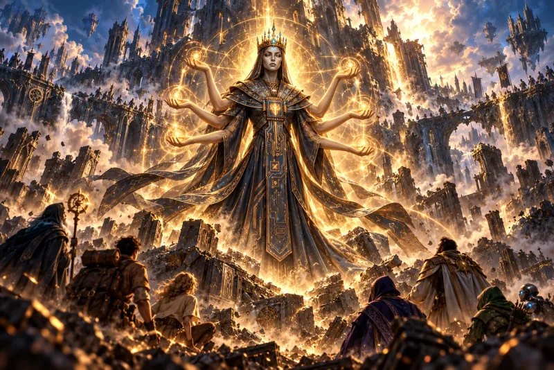 A six-armed woman forms out of golden light threads in the crater where the Monolith fell
