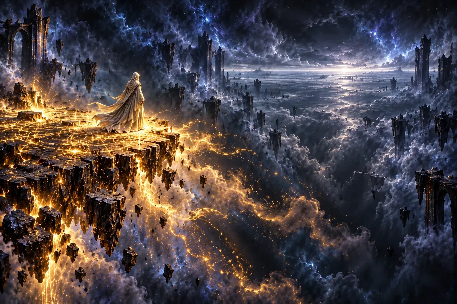 A lone figure of light looks out across an endless void as the edges of its small island fray into the dark