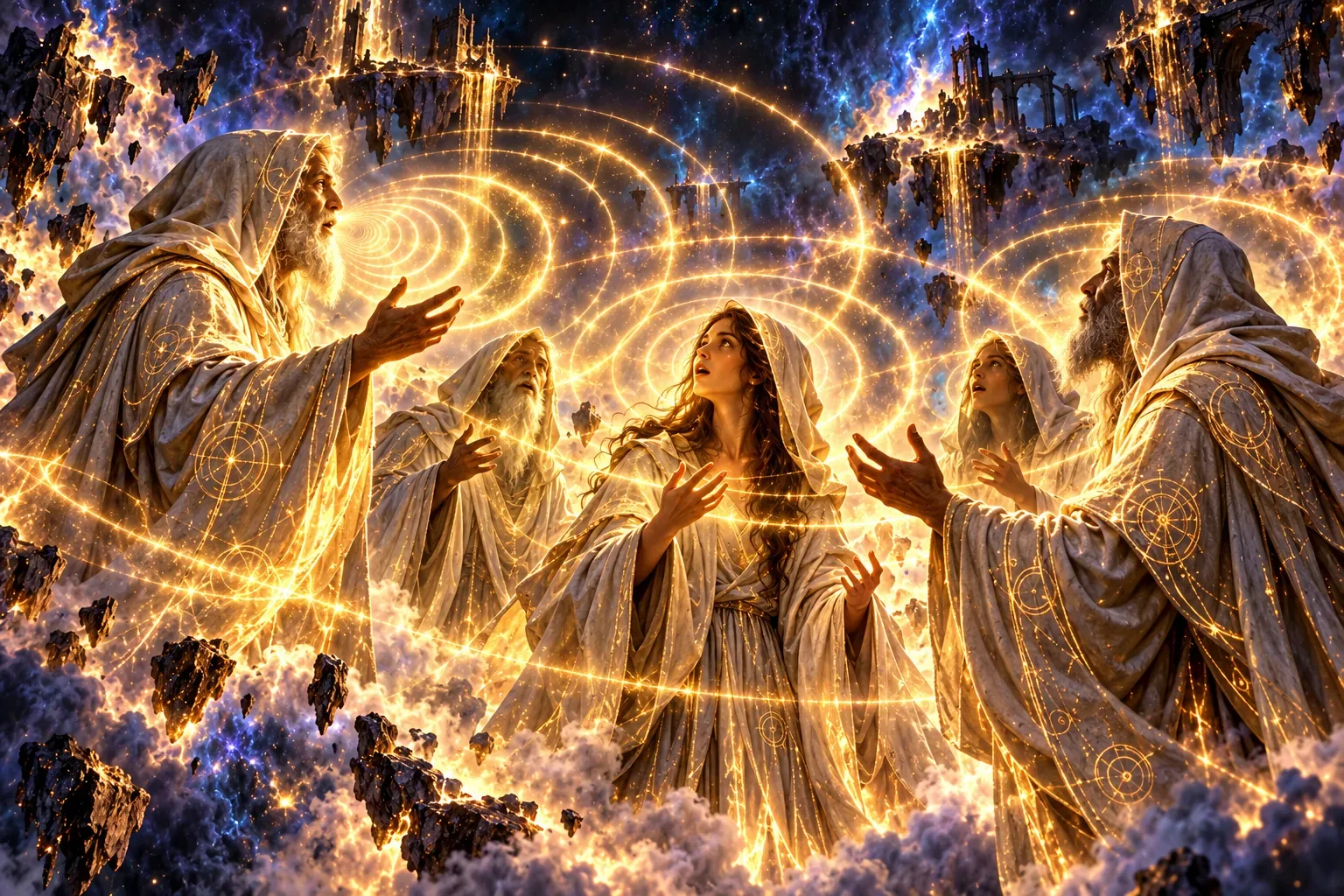Robed figures of light speak for the first time, their words rippling out as golden rings