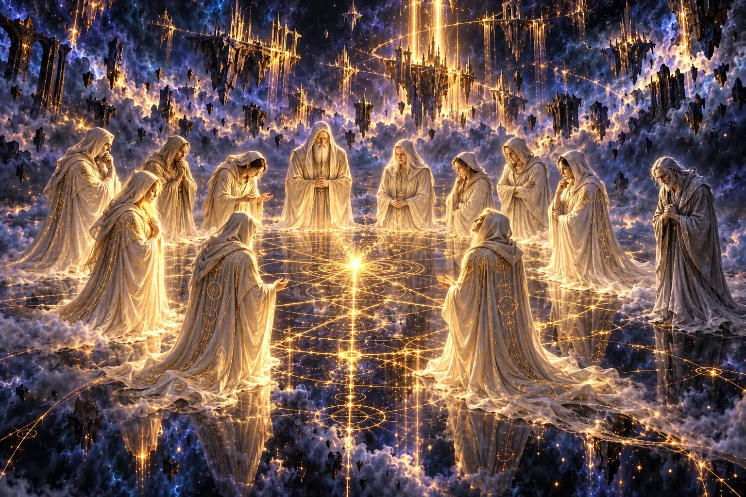 Twelve figures of pale light stand in a ring around a golden spark, one gaunt figure apart