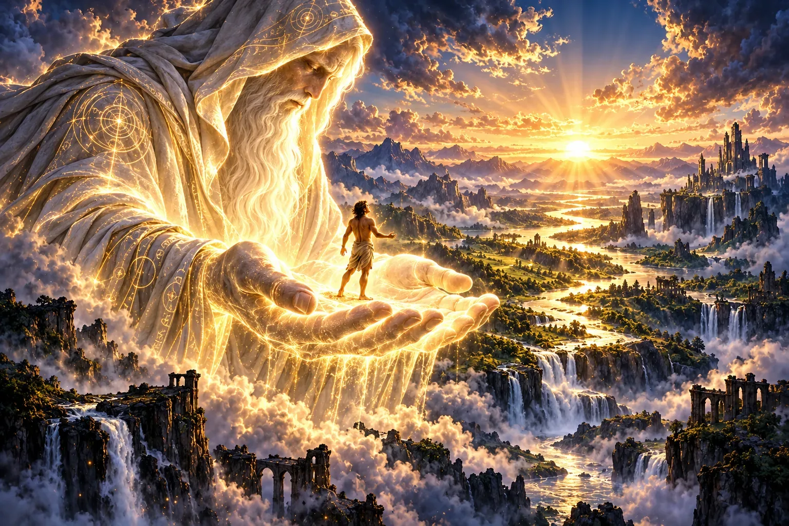 A giant Wright's cupped hands hold the first small person, who looks out at a newly written world