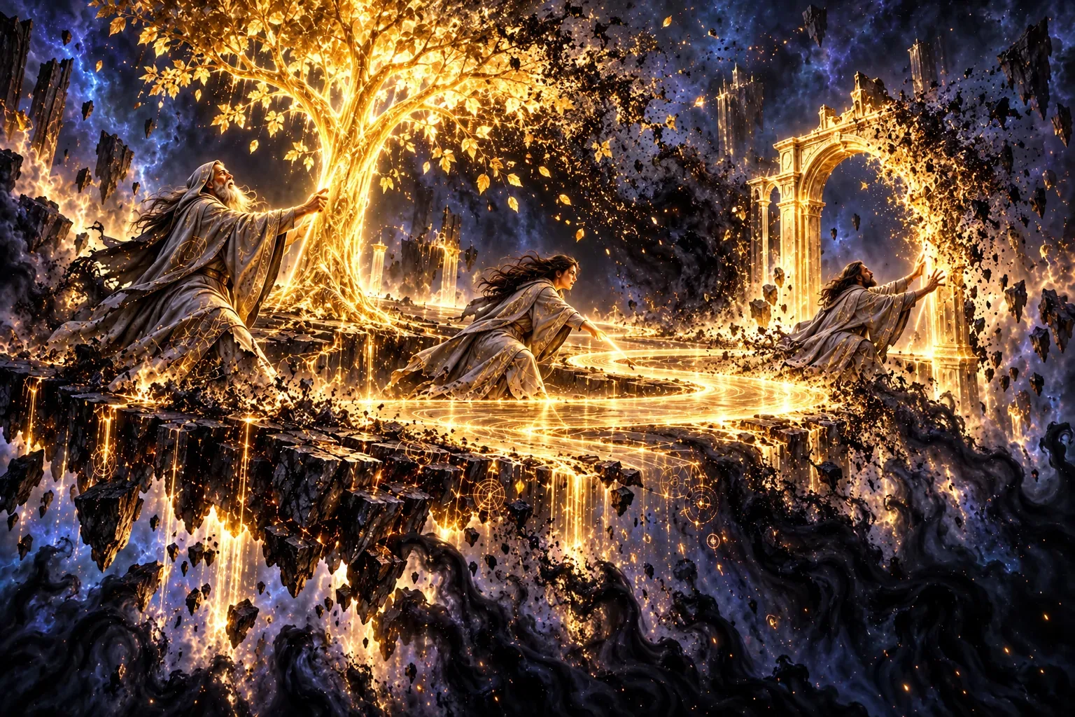 Wrights on a floating stone slab try to hold up a golden tree, a river of light and a glowing arch as a dark tide dissolves them into ash