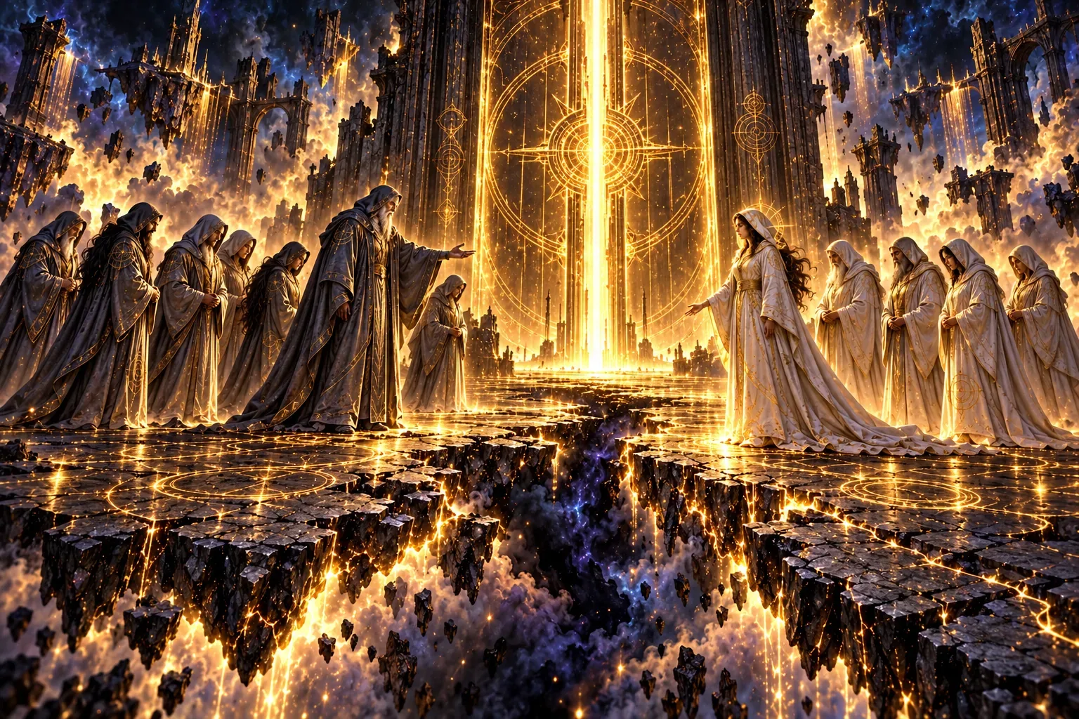 The twelve Wrights stand divided before the gate, seven with Halvor and five with Ilyth