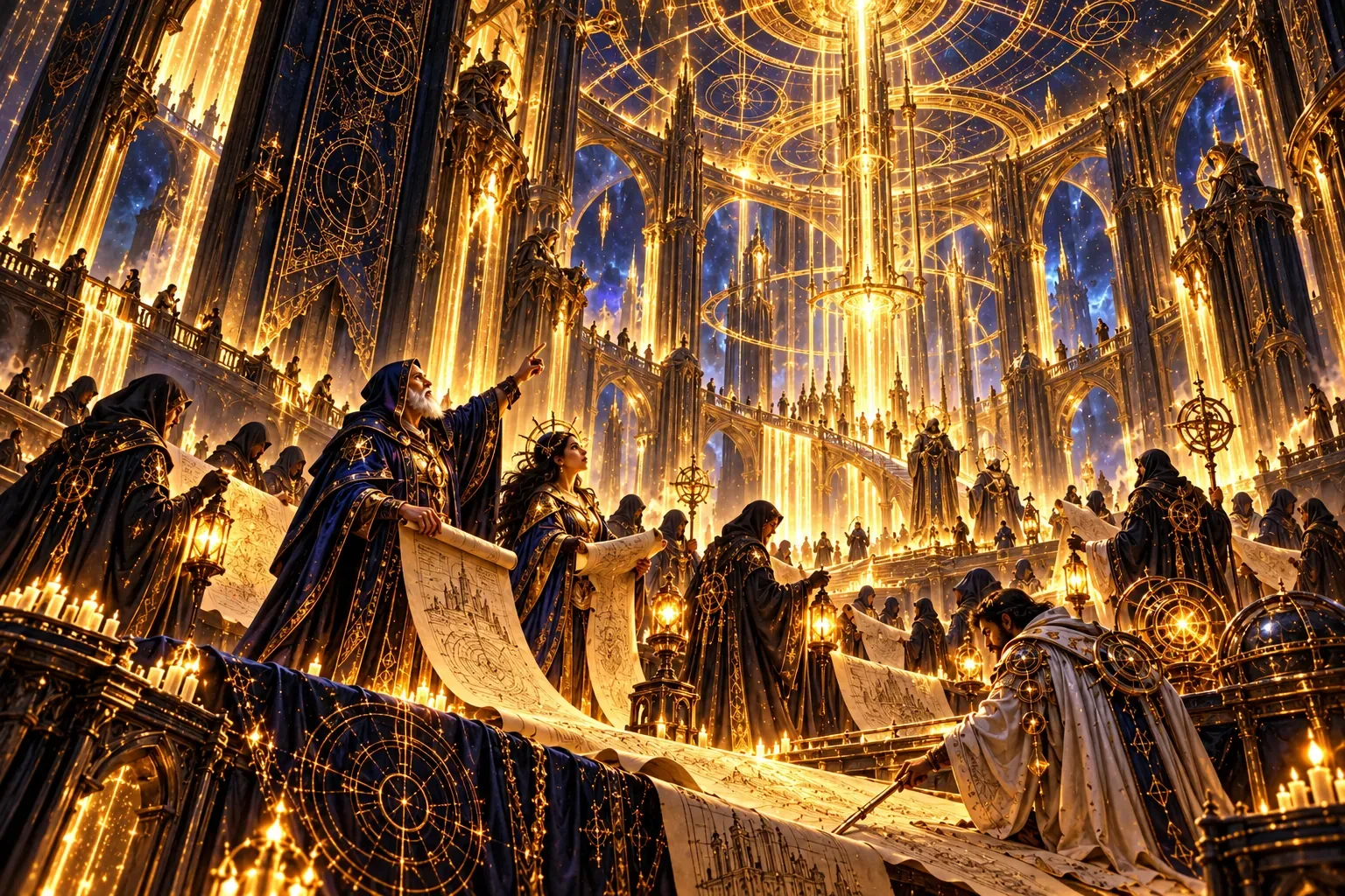 Robed Architects with lanterns and map scrolls study the vast interior of the tower