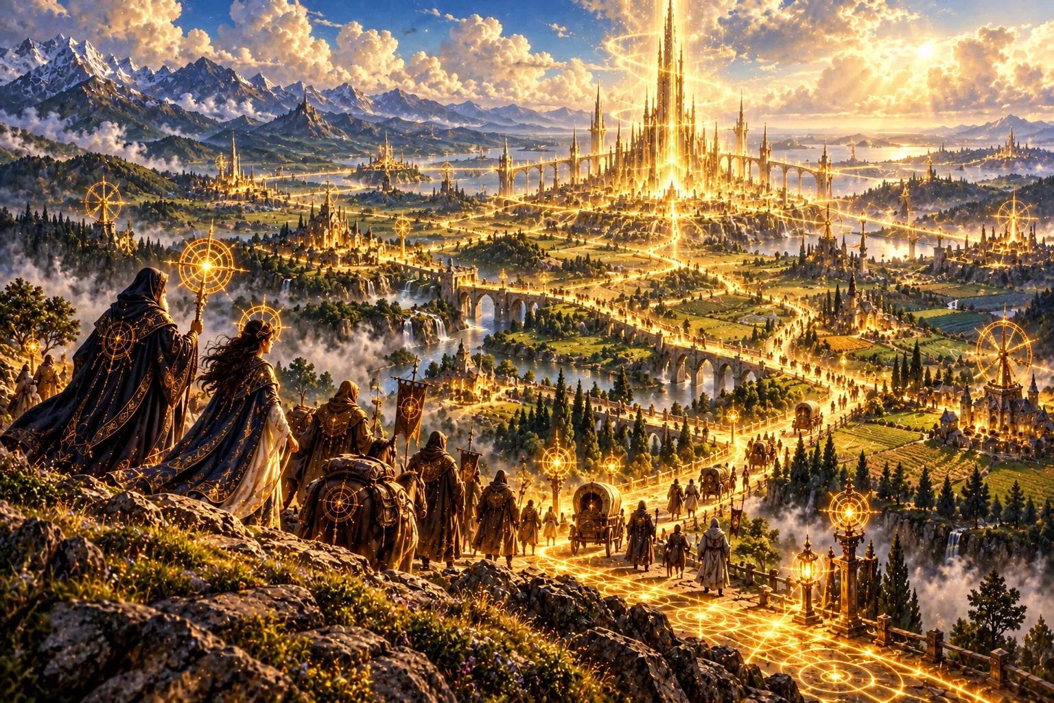 Golden roads of light run out from Aurum across the land, lined with mills, lamps and travelers