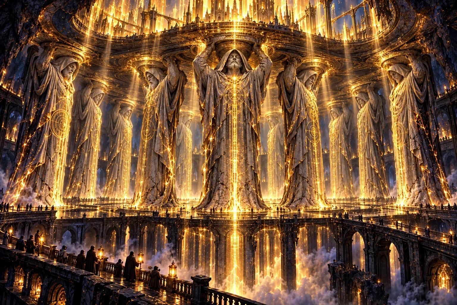 The twelve first Wrights turn to stone in a circular vault, becoming the pillars that hold up the golden city above