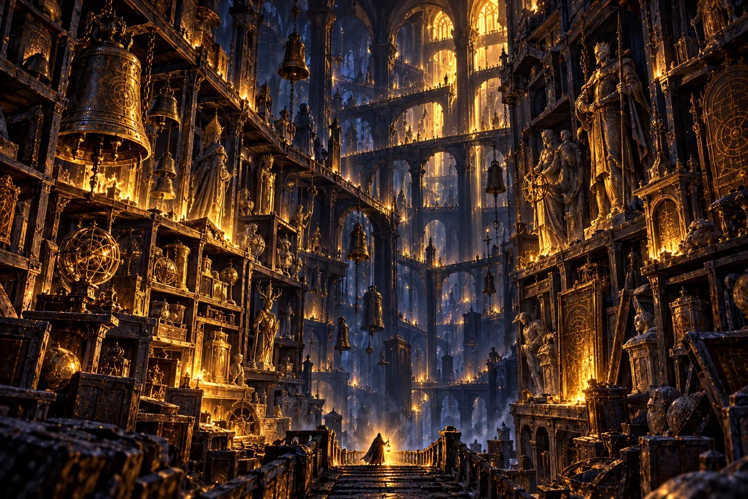 An endless archive vault packed with old bells, machines, tablets and doors to nowhere
