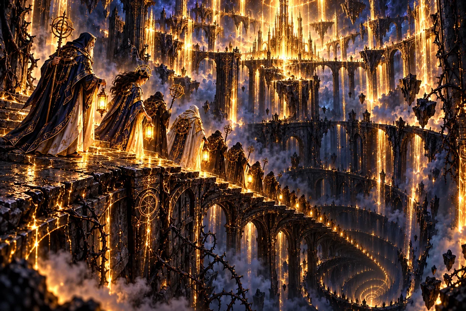 Robed Architects with lanterns descend an endless spiral stair into darkness