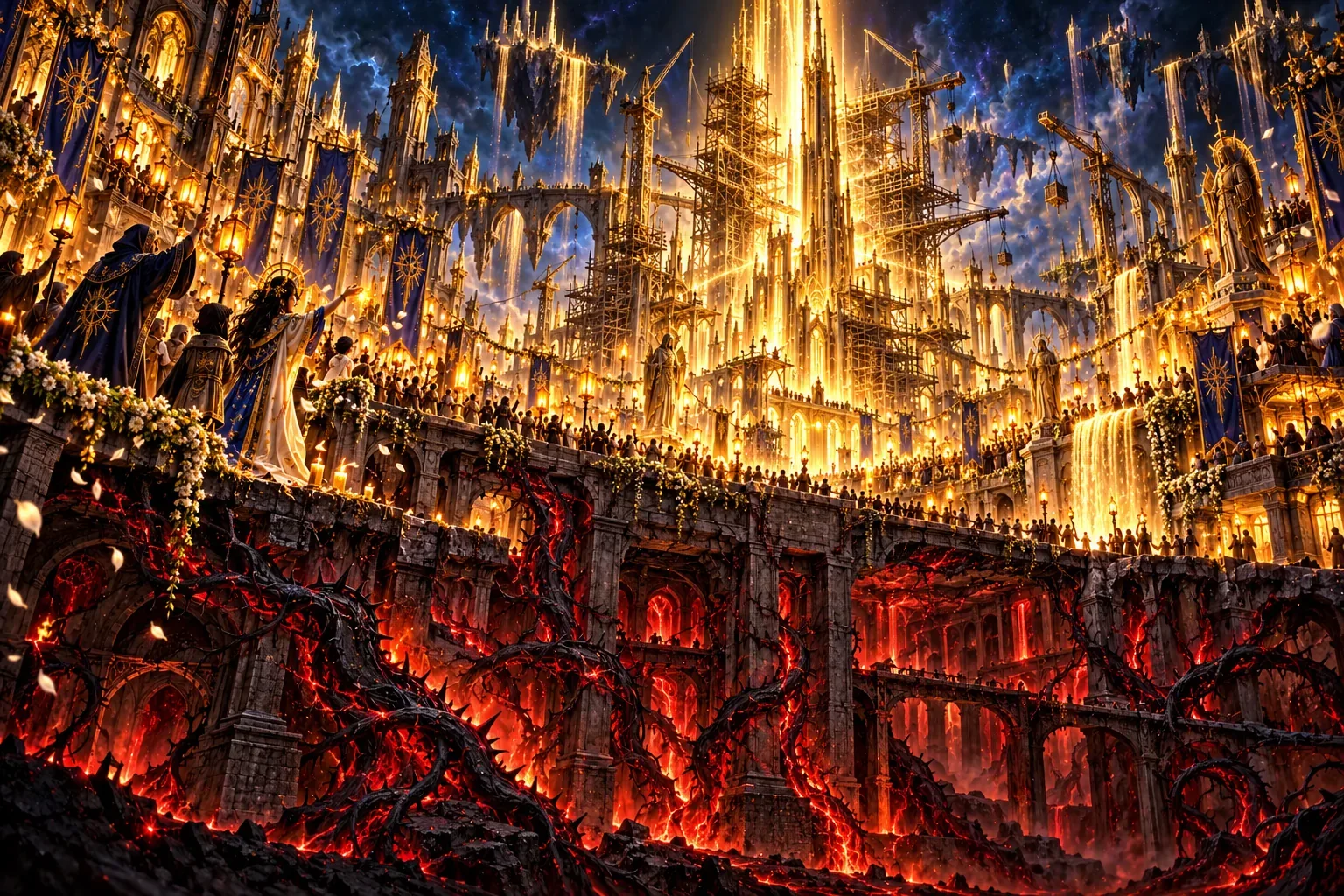 Crowds celebrate under a tower bristling with new scaffolds while thorns thicken unseen in the foundations below