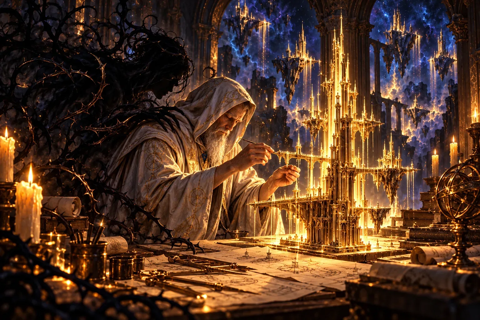 A Wright at a drafting desk adds a wing to a model tower while a shadow of thorns leans to whisper in his ear