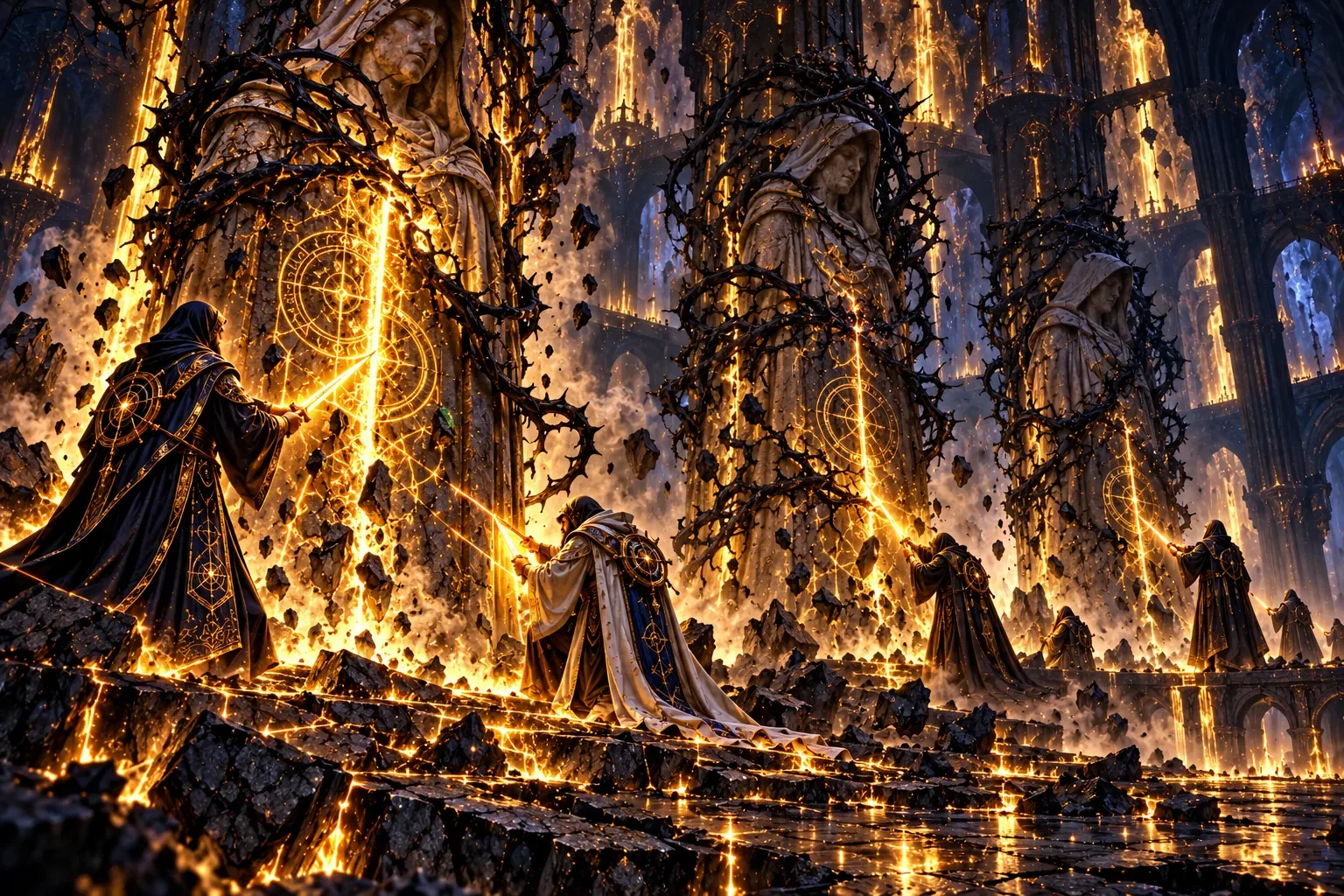 Workers with blades of light sever the runes of the sleeping stone Wrights as thorns surge