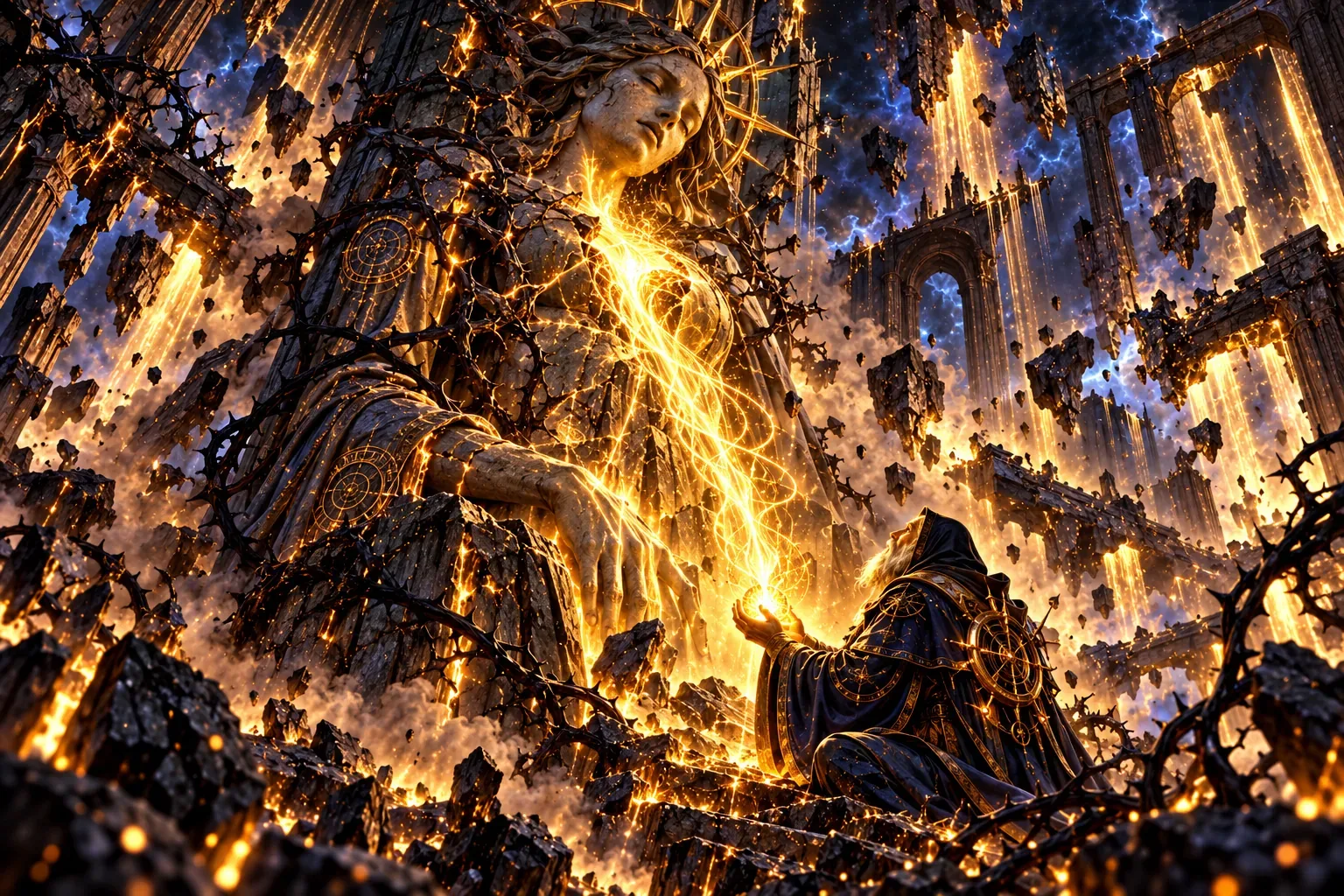 Golden light flows from the last stone pillar into the flame in Ysmer's hands