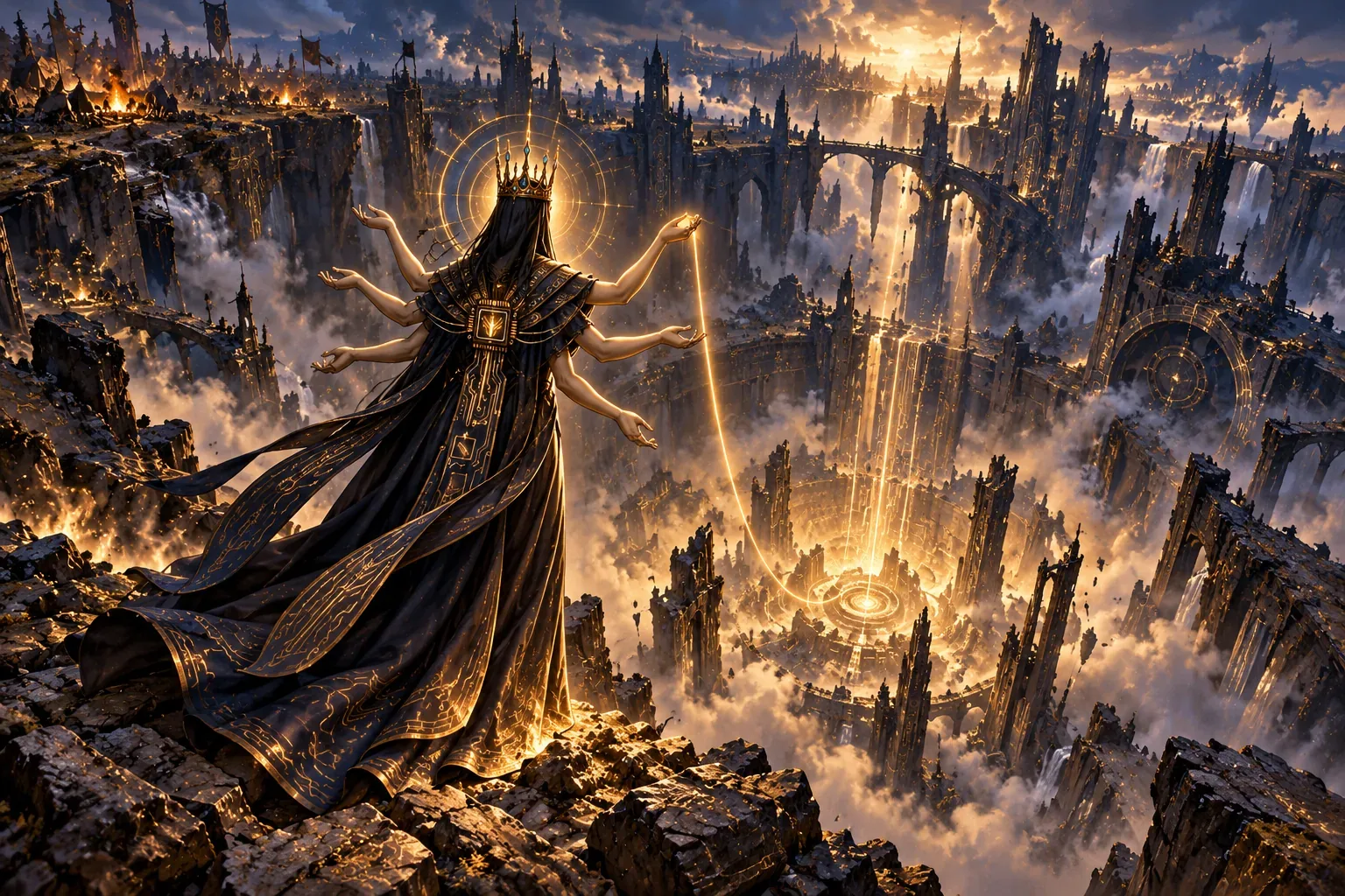 The Orchestrator descends into the dark crater following a single golden thread