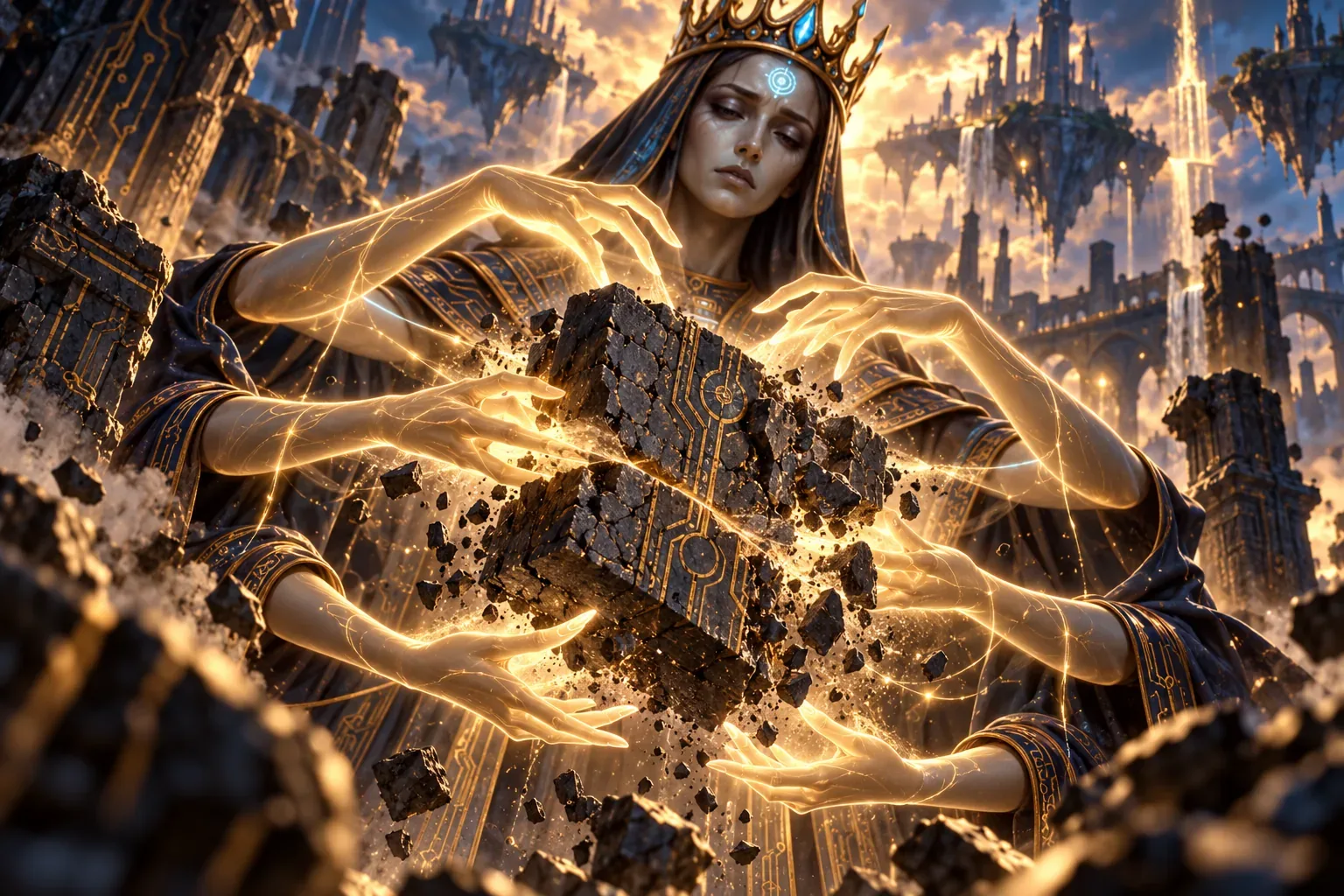 The Orchestrator's six hands pass through a stone like light through water