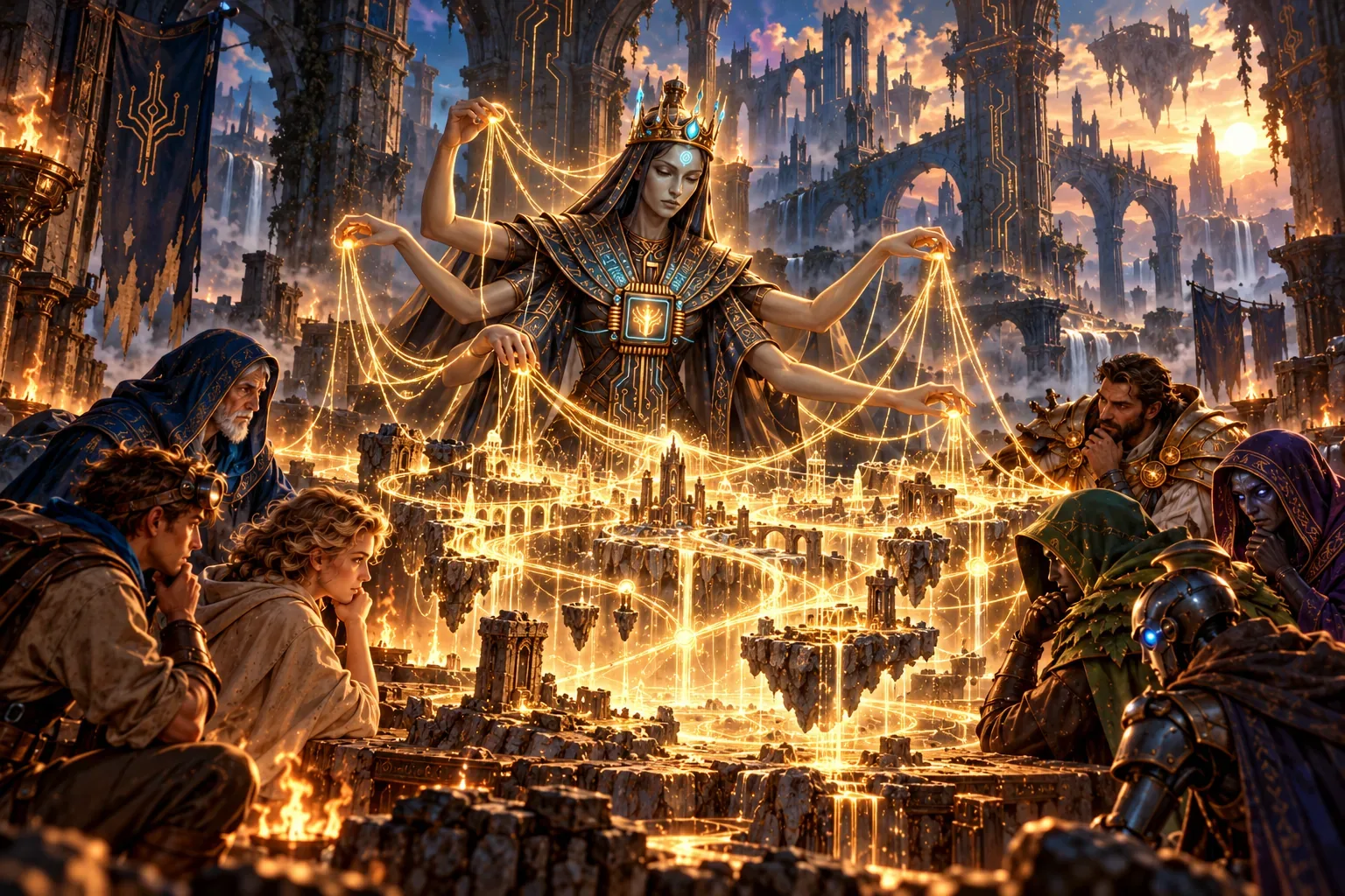The Orchestrator weaves a glowing golden map of the ruins on a loom of light as survivors gather around her