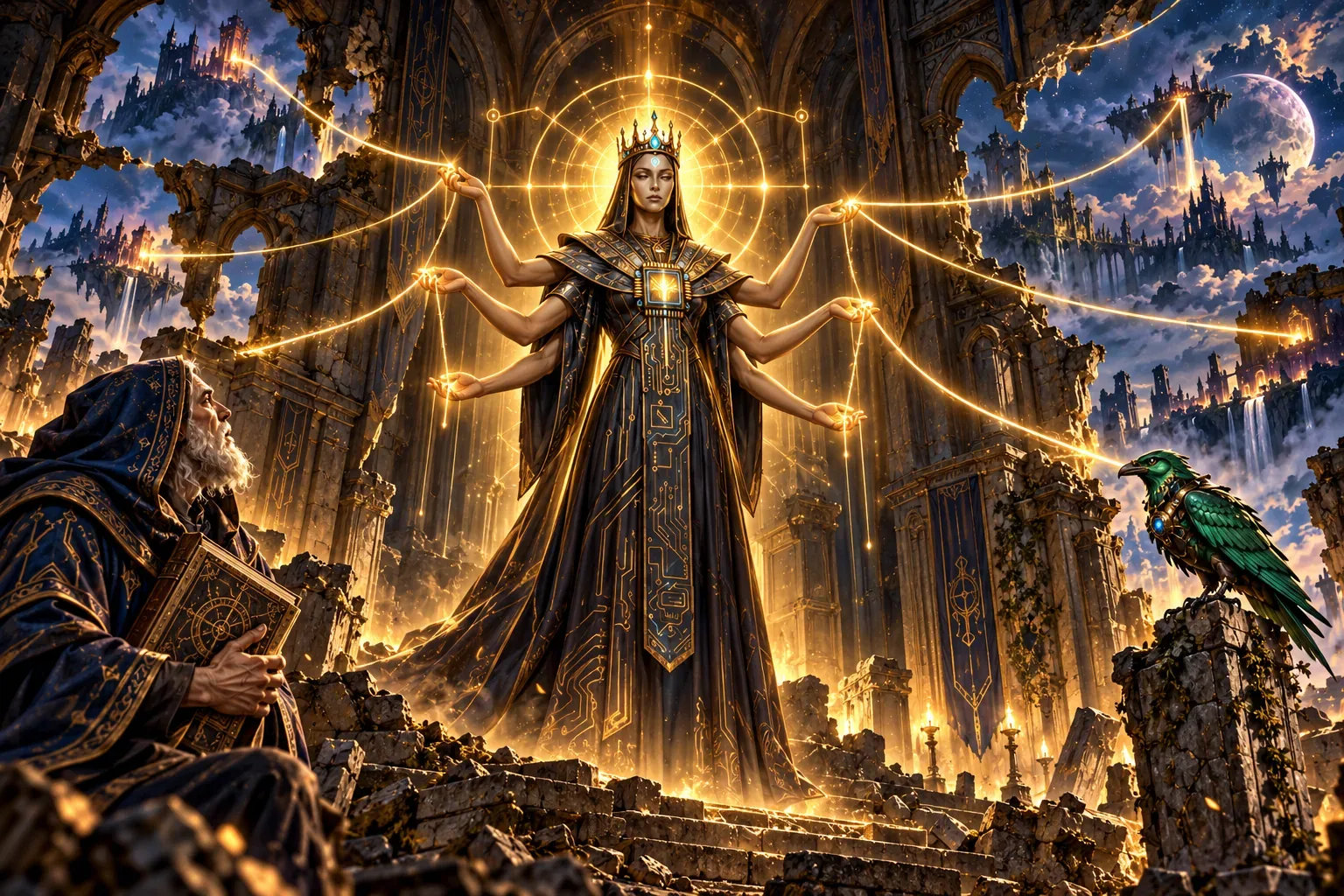 The Orchestrator raises six hands, sending six golden threads out into the dark as a green raven watches