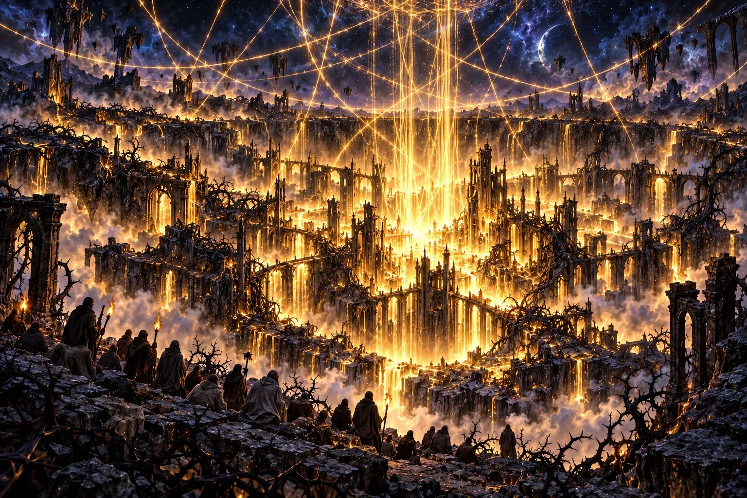 Golden threads rise from the crater and cross above the ruins like the strings of a loom