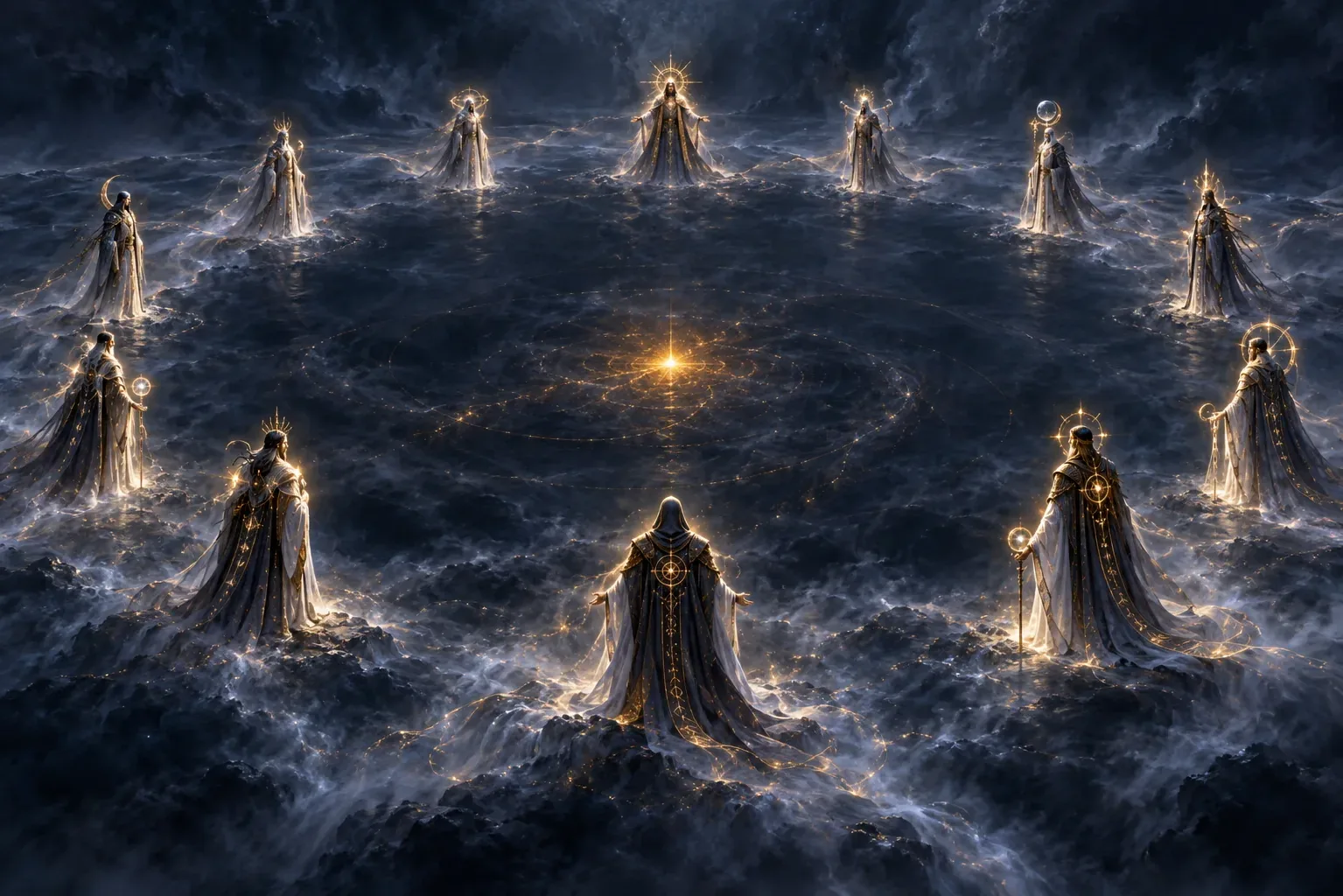 A single golden spark in an endless grey-blue void, twelve faint figures waking around it