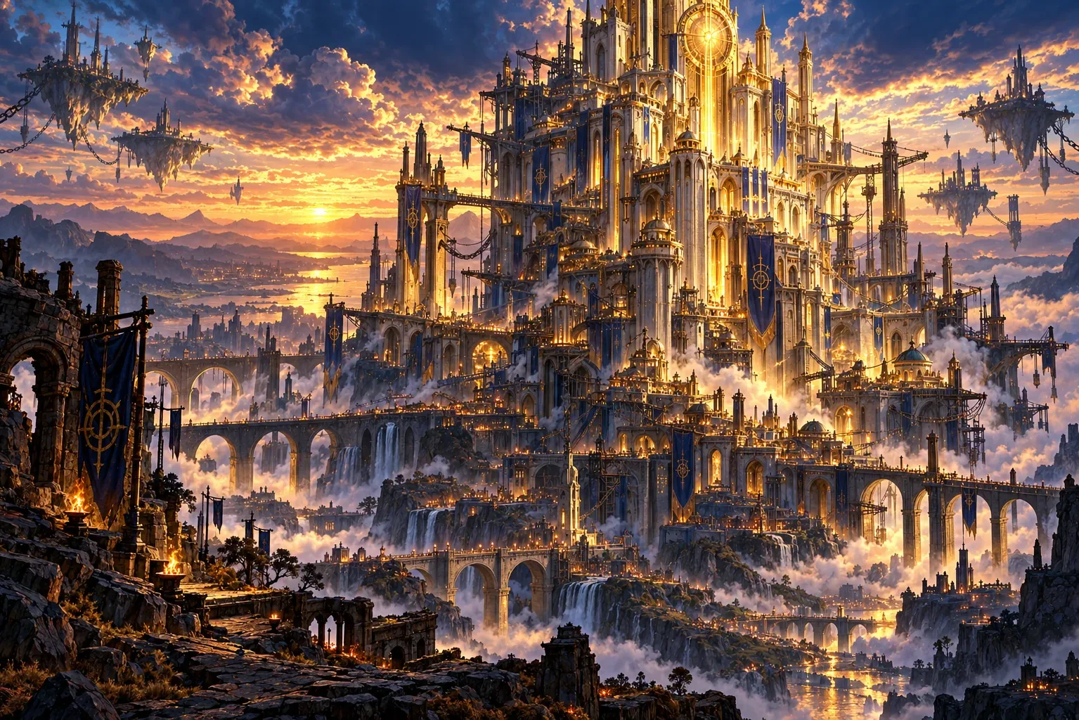 The Monolith of Aurum at dusk, an impossibly tall golden tower-city overgrown with bridges, wings and scaffolds