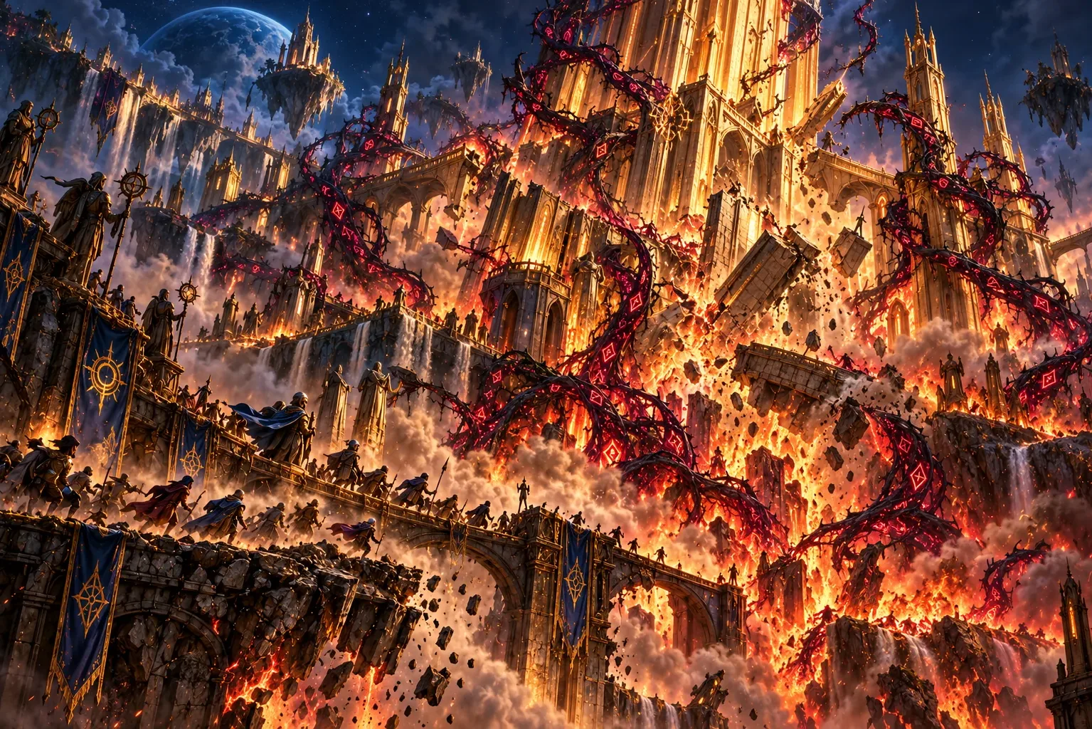 The golden Monolith collapses at night as black thorned vines veined with fire burst through its foundations