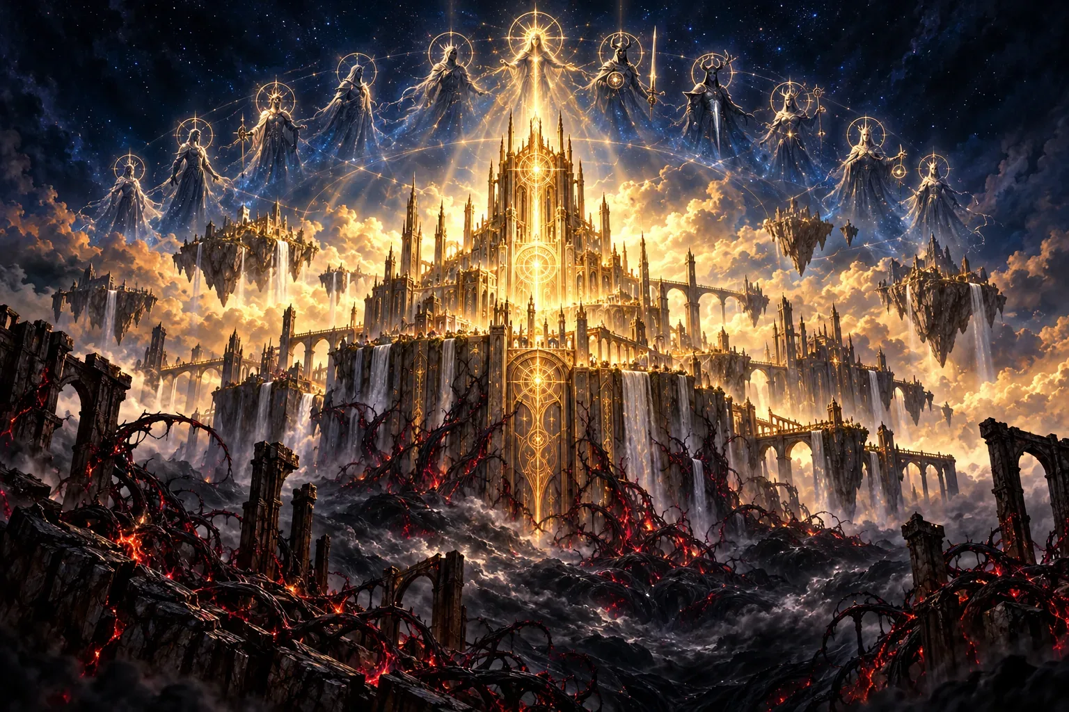 A golden tower-city rises from an endless void while a dark tide and thorned vines creep up its foundations