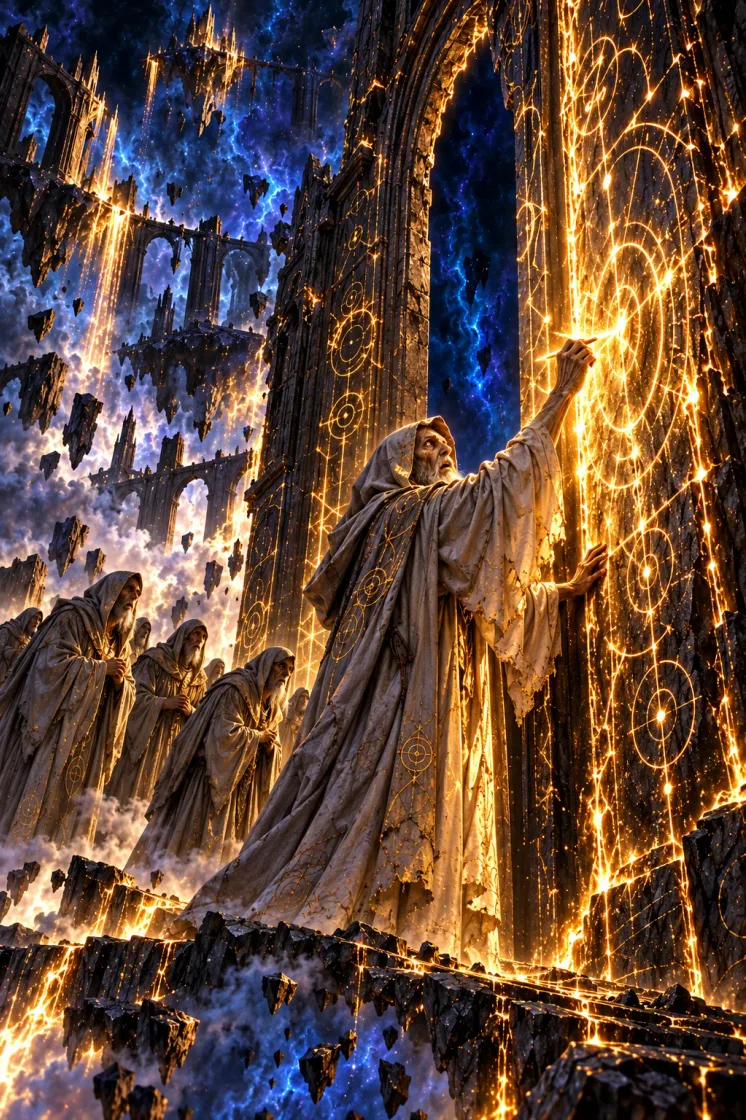 The gaunt Wright Halvor carves a glowing oath into a vast stone gate while the other Wrights watch uneasily from the shadows