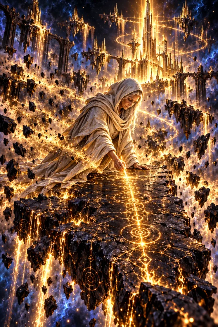 Ilyth kneels on black stone carving a single glowing line of runes