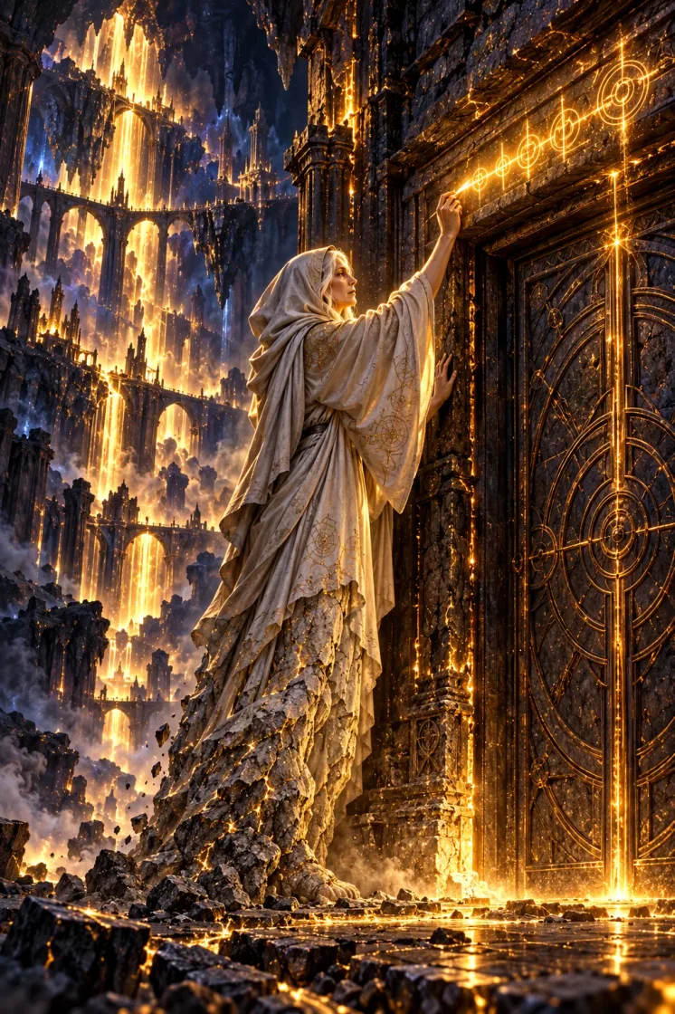 Ilyth, half turned to stone, carves a line of runes above the vault door