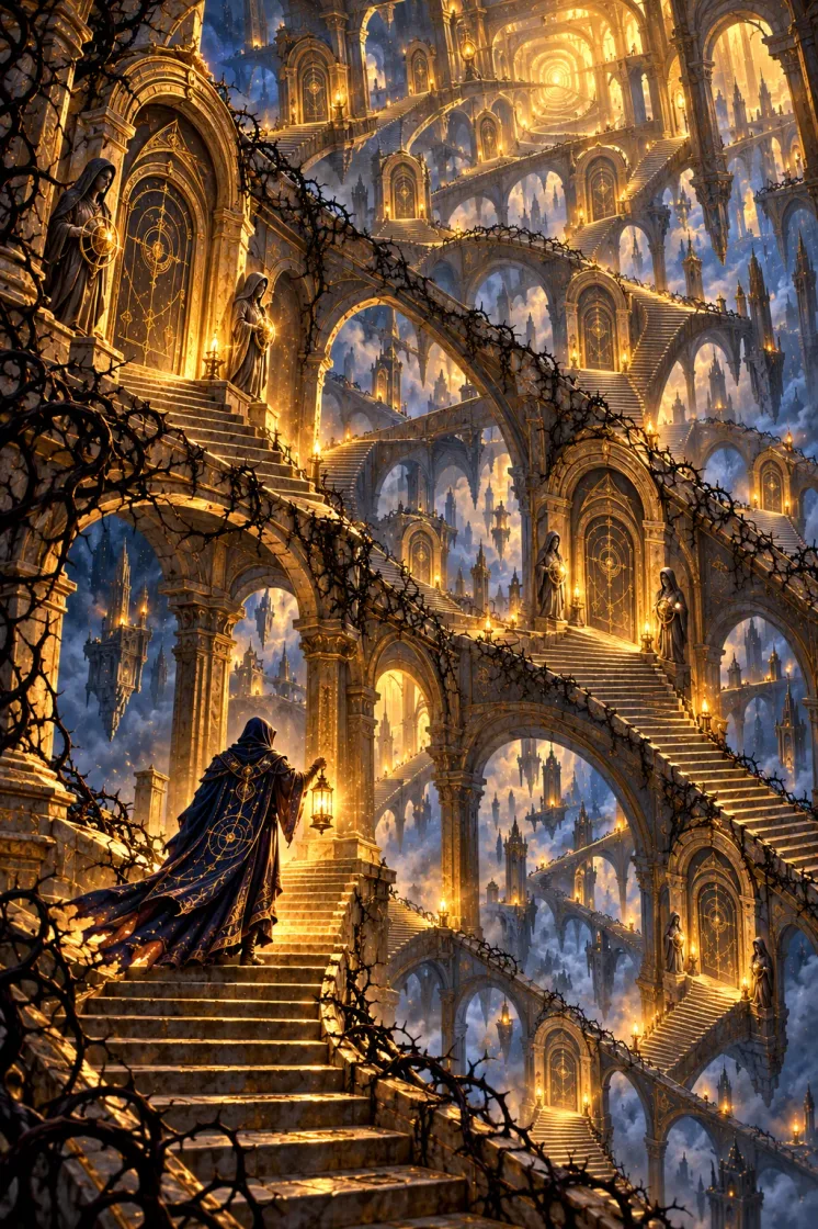 A lone Architect with a lantern walks an endless corridor of repeating arches and stairs that fold back on themselves, thorns creeping along the walls