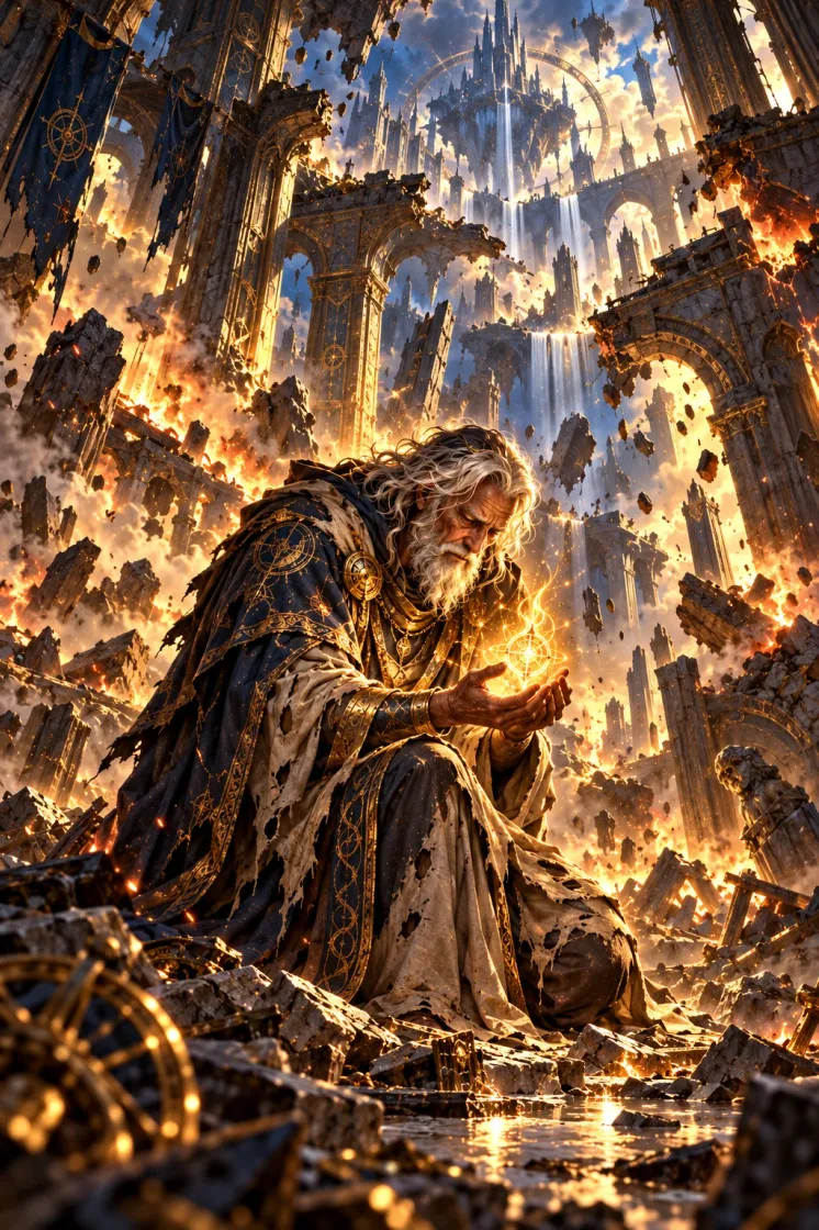 The old Architect Ysmer kneels in a collapsing hall, shielding a small golden flame in his hands
