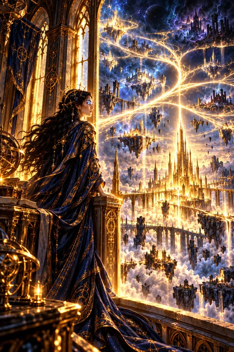 The young Seer Seya stands at a high window as branching roads of the future fan out before her