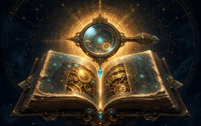Clonedeps skill artifact: an ornate magnifying lens over an ancient tome revealing glowing clockwork mechanisms inside