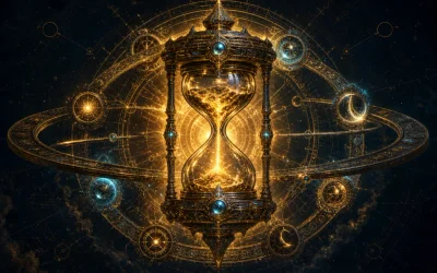 Deepwork skill artifact: an ornate arcane hourglass with molten golden sand, ringed by orbiting runic phase markers