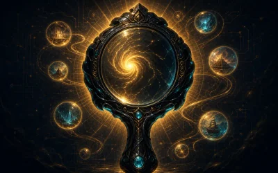 Reflect skill artifact: an obsidian hand mirror reflecting a golden spiral, orbited by glowing memory orbs