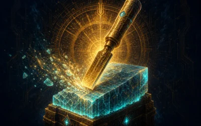 Simplify skill artifact: a ceremonial golden chisel carving excess away from a glowing crystalline block