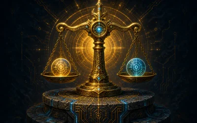 Verification Planning skill artifact: a golden balance scale weighing two glowing runic evidence orbs on a circuit-etched pedestal