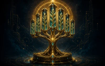Worktrees skill artifact: a golden tree whose branches grow in parallel protective crystal channels